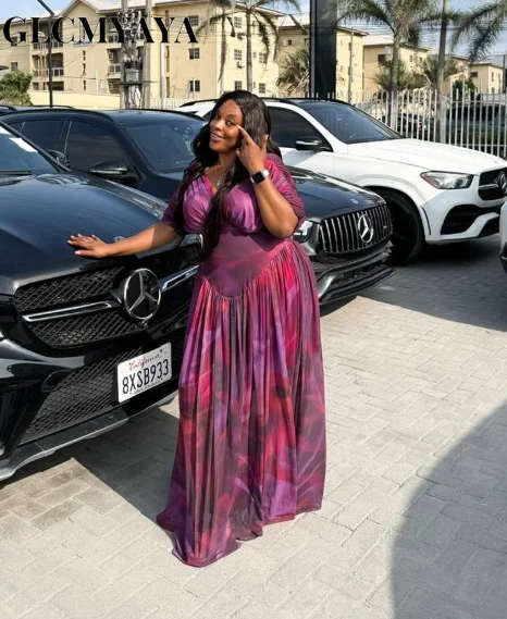 CM.YAYA Women Tie Dye Print V-neck Short Sleeve Long Dress 2025 Fall Birthday Evening Vacation Night Party Vestidos Sexy Dresses