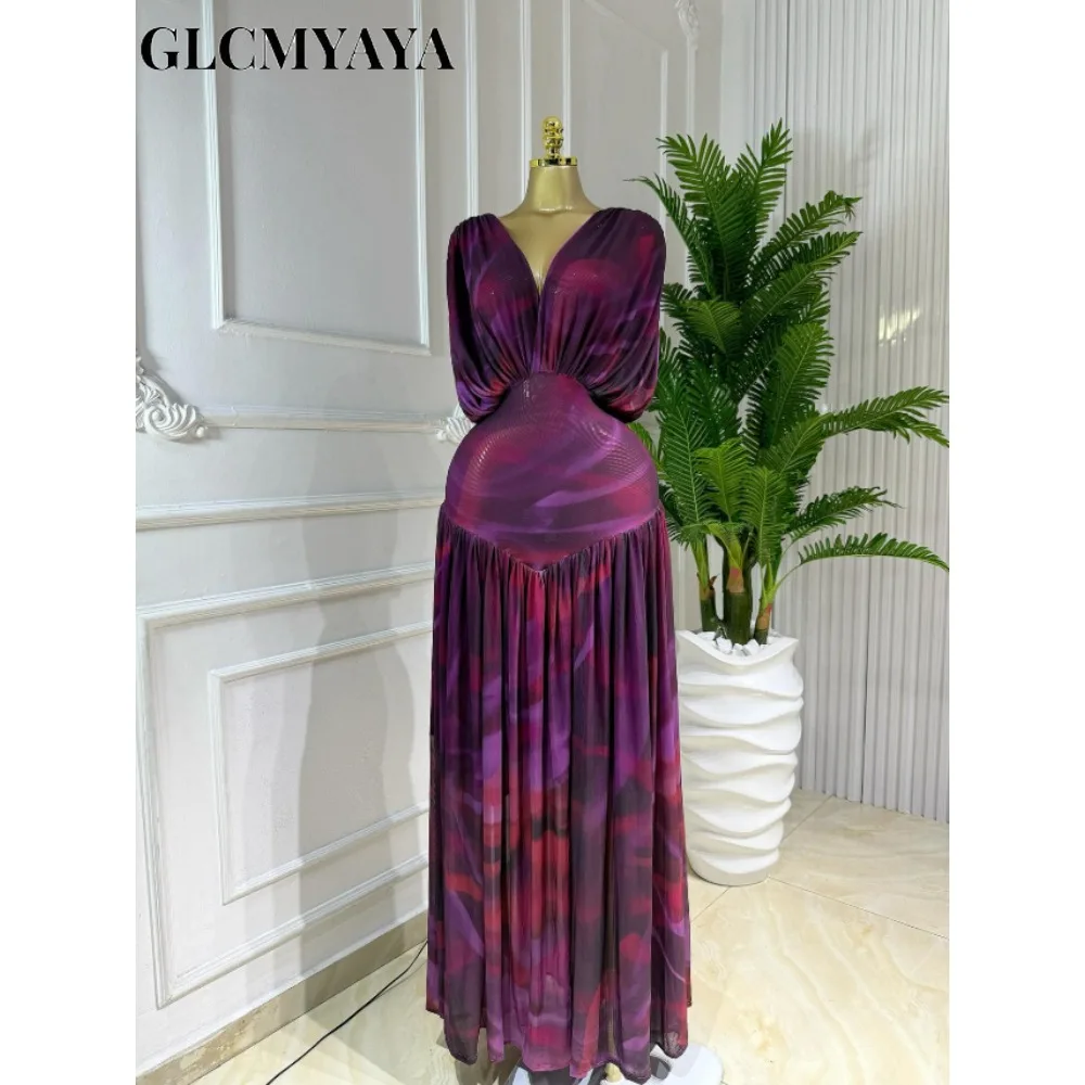 CM.YAYA Women Tie Dye Print V-neck Short Sleeve Long Dress 2025 Fall Birthday Evening Vacation Night Party Vestidos Sexy Dresses