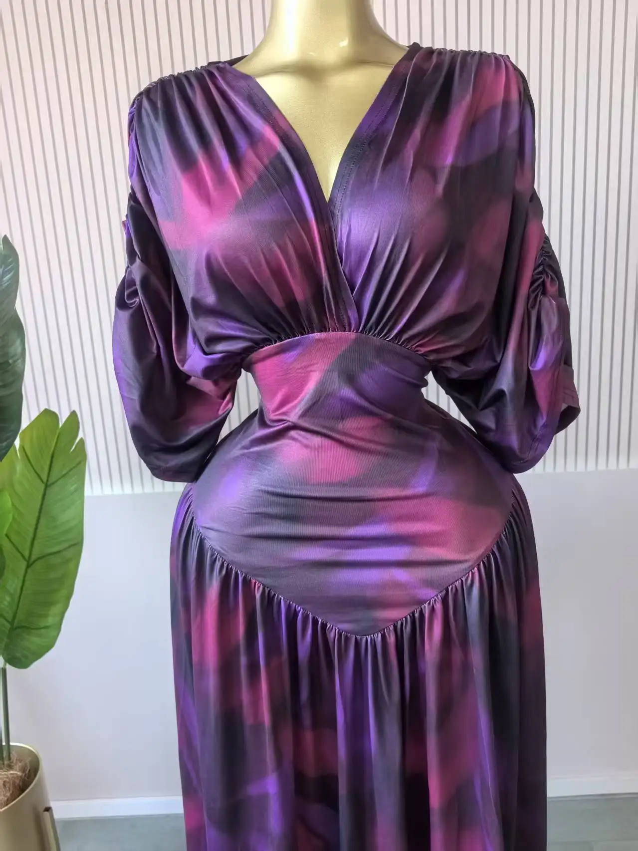 CM.YAYA Women Tie Dye Print V-neck Short Sleeve Long Dress 2025 Fall Birthday Evening Vacation Night Party Vestidos Sexy Dresses