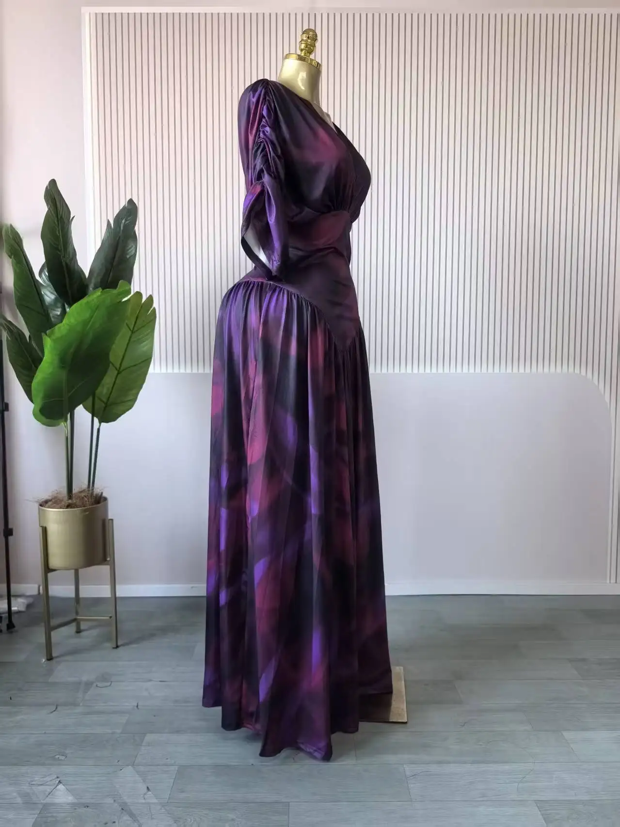 CM.YAYA Women Tie Dye Print V-neck Short Sleeve Long Dress 2025 Fall Birthday Evening Vacation Night Party Vestidos Sexy Dresses