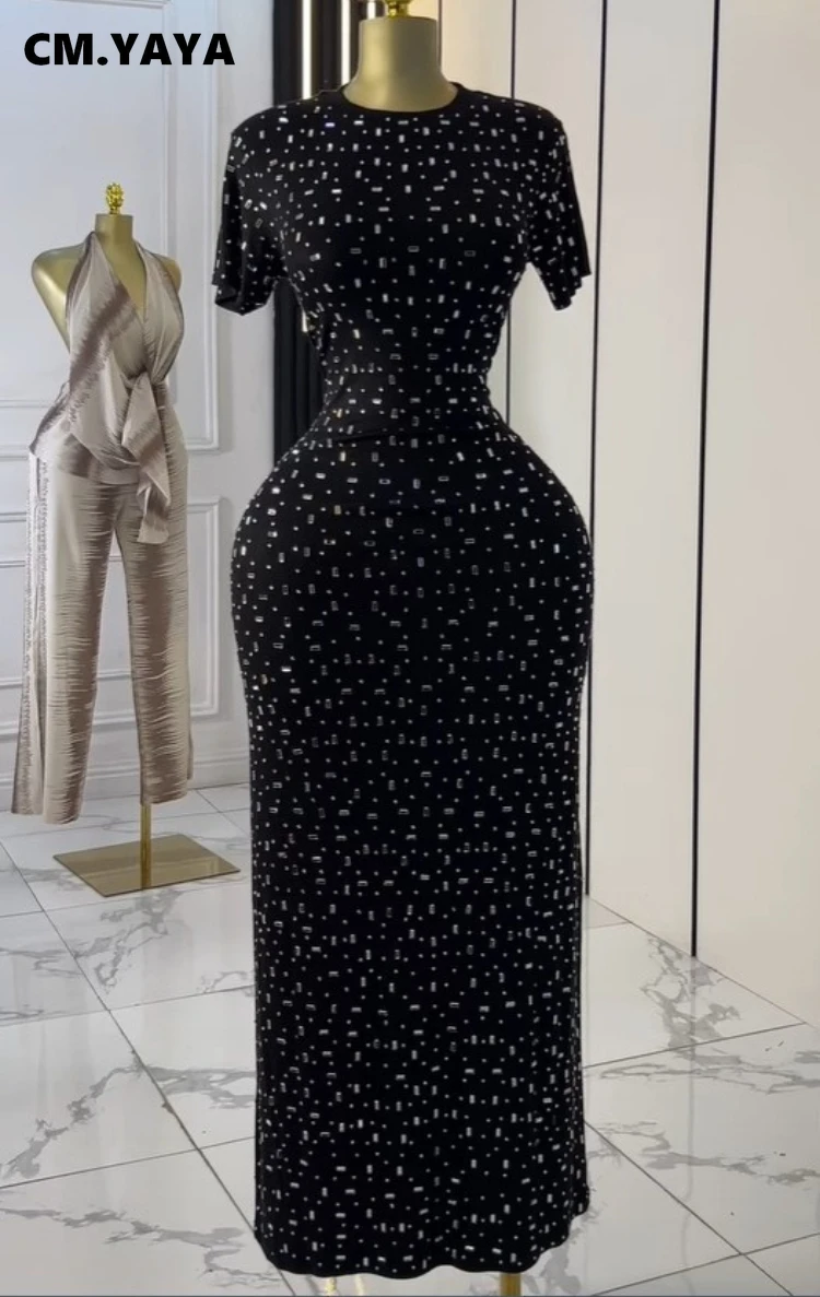 CM.YAYA Women O-neck Diamonds Hot Rhinestones Short Sleeve Slim T-shirt Maxi Long Dress Summer Holiday Vacation Fashion Dresses