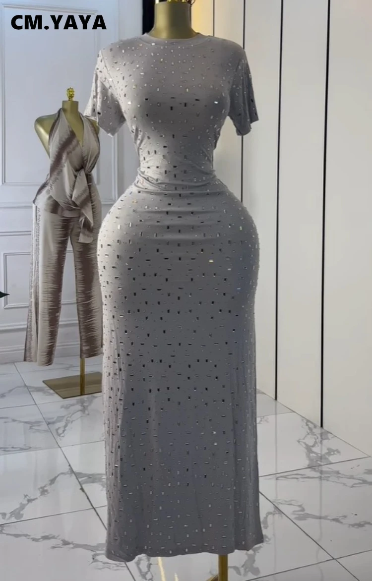 CM.YAYA Women O-neck Diamonds Hot Rhinestones Short Sleeve Slim T-shirt Maxi Long Dress Summer Holiday Vacation Fashion Dresses