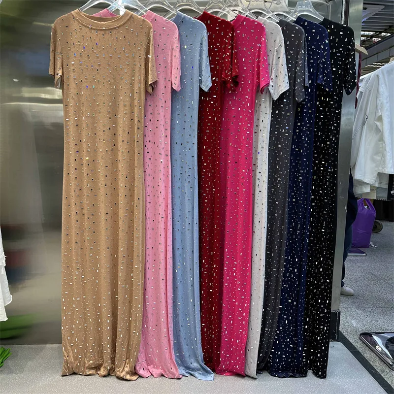 CM.YAYA Women O-neck Diamonds Hot Rhinestones Short Sleeve Slim T-shirt Maxi Long Dress Summer Holiday Vacation Fashion Dresses CM.YAYA Women O-neck Diamonds Hot Rhinestones Short Sleeve Slim T-shirt Maxi Long Dress Summer Holiday Vacation Fashion Dresses