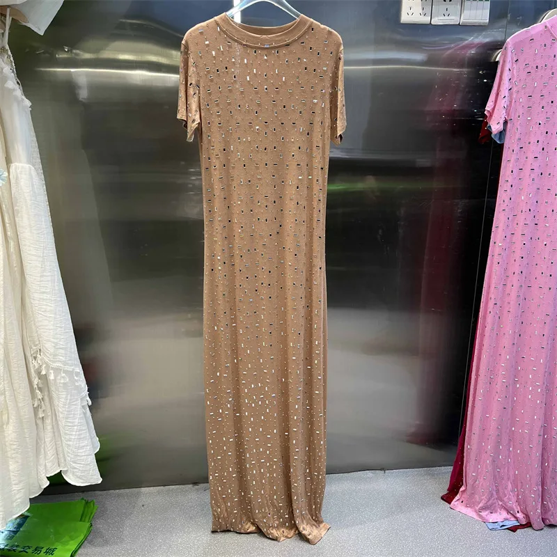 CM.YAYA Women O-neck Diamonds Hot Rhinestones Short Sleeve Slim T-shirt Maxi Long Dress Summer Holiday Vacation Fashion Dresses CM.YAYA Women O-neck Diamonds Hot Rhinestones Short Sleeve Slim T-shirt Maxi Long Dress Summer Holiday Vacation Fashion Dresses