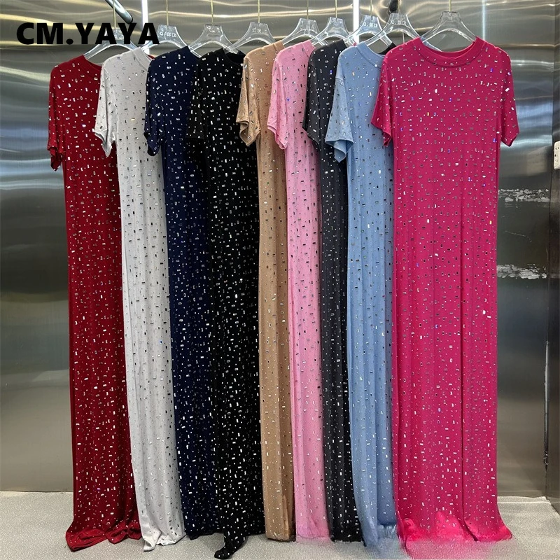 CM.YAYA Women O-neck Diamonds Hot Rhinestones Short Sleeve Slim T-shirt Maxi Long Dress Summer Holiday Vacation Fashion Dresses