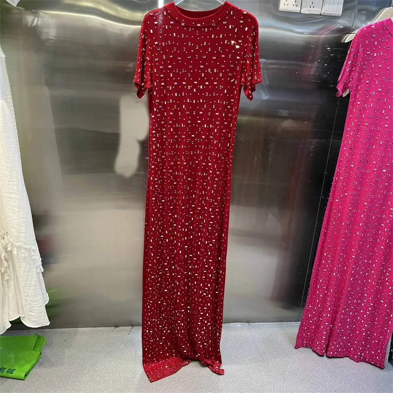 CM.YAYA Women O-neck Diamonds Hot Rhinestones Short Sleeve Slim T-shirt Maxi Long Dress Summer Holiday Vacation Fashion Dresses CM.YAYA Women O-neck Diamonds Hot Rhinestones Short Sleeve Slim T-shirt Maxi Long Dress Summer Holiday Vacation Fashion Dresses
