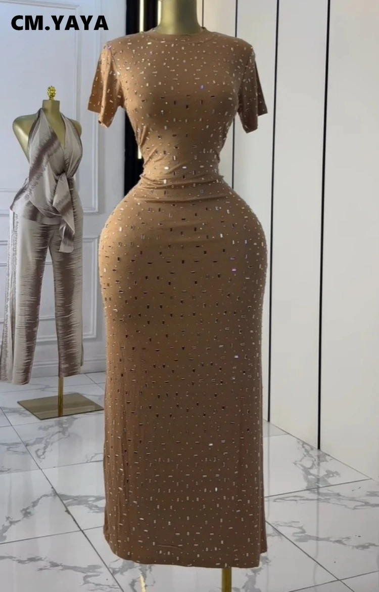 CM.YAYA Women O-neck Diamonds Hot Rhinestones Short Sleeve Slim T-shirt Maxi Long Dress Summer Holiday Vacation Fashion Dresses