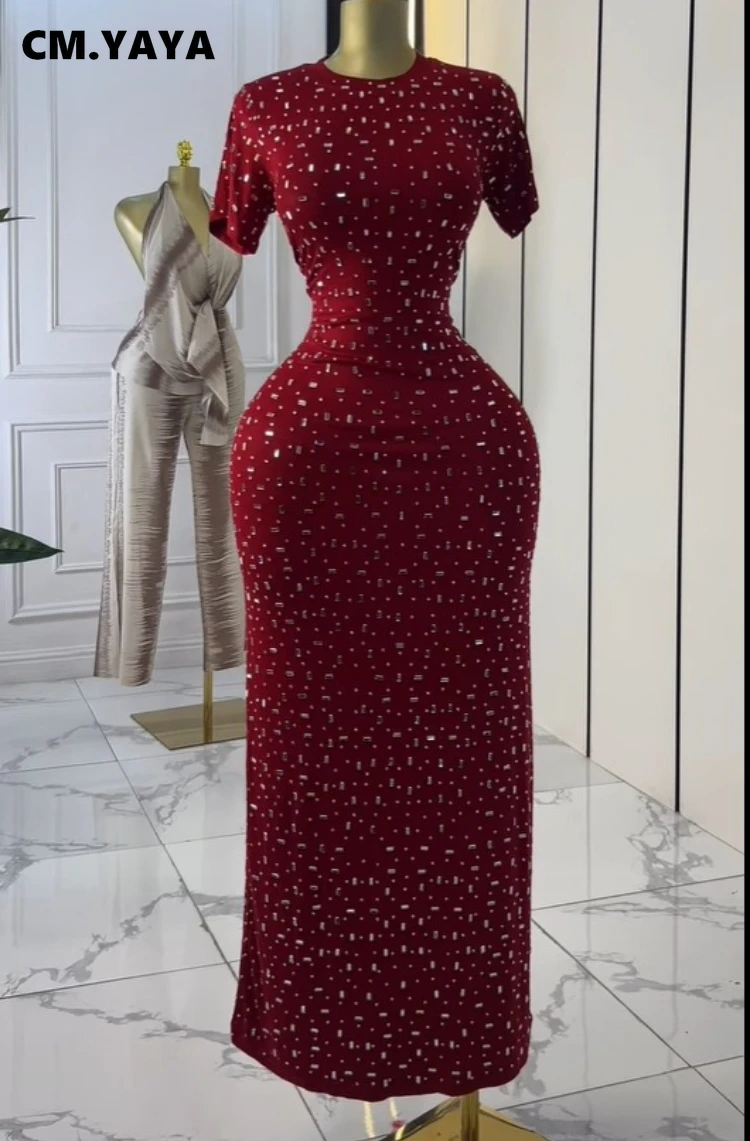 CM.YAYA Women O-neck Diamonds Hot Rhinestones Short Sleeve Slim T-shirt Maxi Long Dress Summer Holiday Vacation Fashion Dresses