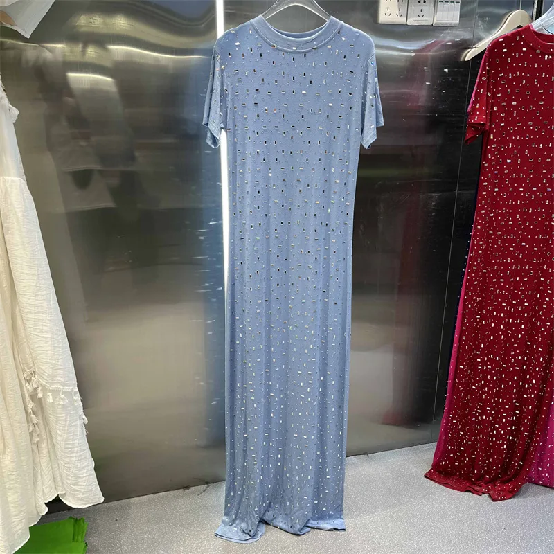 CM.YAYA Women O-neck Diamonds Hot Rhinestones Short Sleeve Slim T-shirt Maxi Long Dress Summer Holiday Vacation Fashion Dresses CM.YAYA Women O-neck Diamonds Hot Rhinestones Short Sleeve Slim T-shirt Maxi Long Dress Summer Holiday Vacation Fashion Dresses