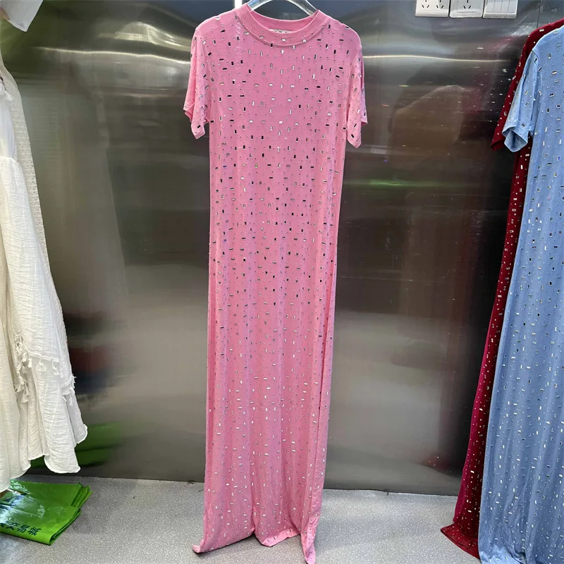 CM.YAYA Women O-neck Diamonds Hot Rhinestones Short Sleeve Slim T-shirt Maxi Long Dress Summer Holiday Vacation Fashion Dresses CM.YAYA Women O-neck Diamonds Hot Rhinestones Short Sleeve Slim T-shirt Maxi Long Dress Summer Holiday Vacation Fashion Dresses