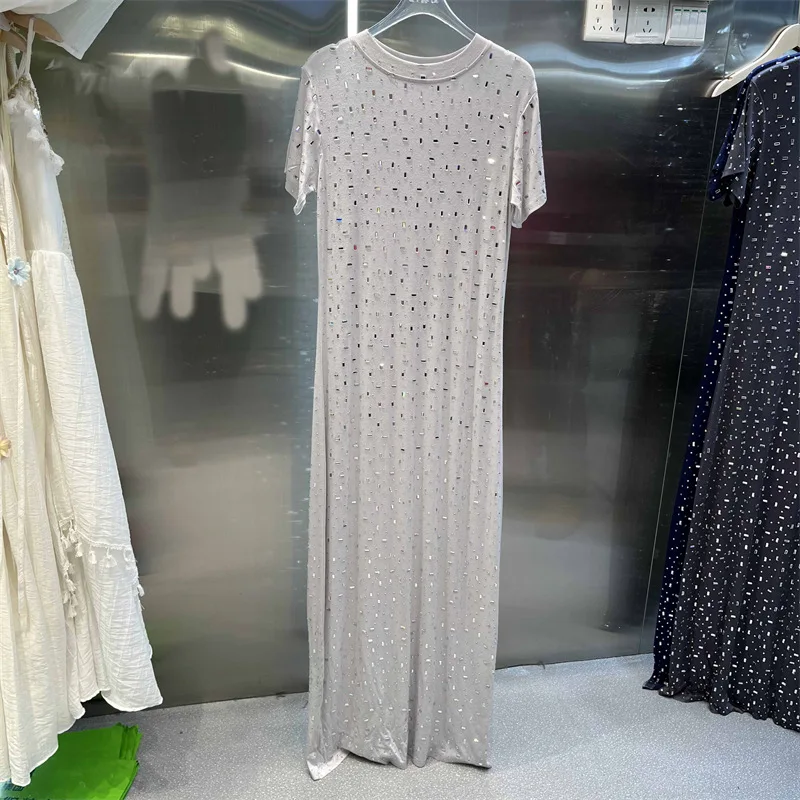 CM.YAYA Women O-neck Diamonds Hot Rhinestones Short Sleeve Slim T-shirt Maxi Long Dress Summer Holiday Vacation Fashion Dresses CM.YAYA Women O-neck Diamonds Hot Rhinestones Short Sleeve Slim T-shirt Maxi Long Dress Summer Holiday Vacation Fashion Dresses