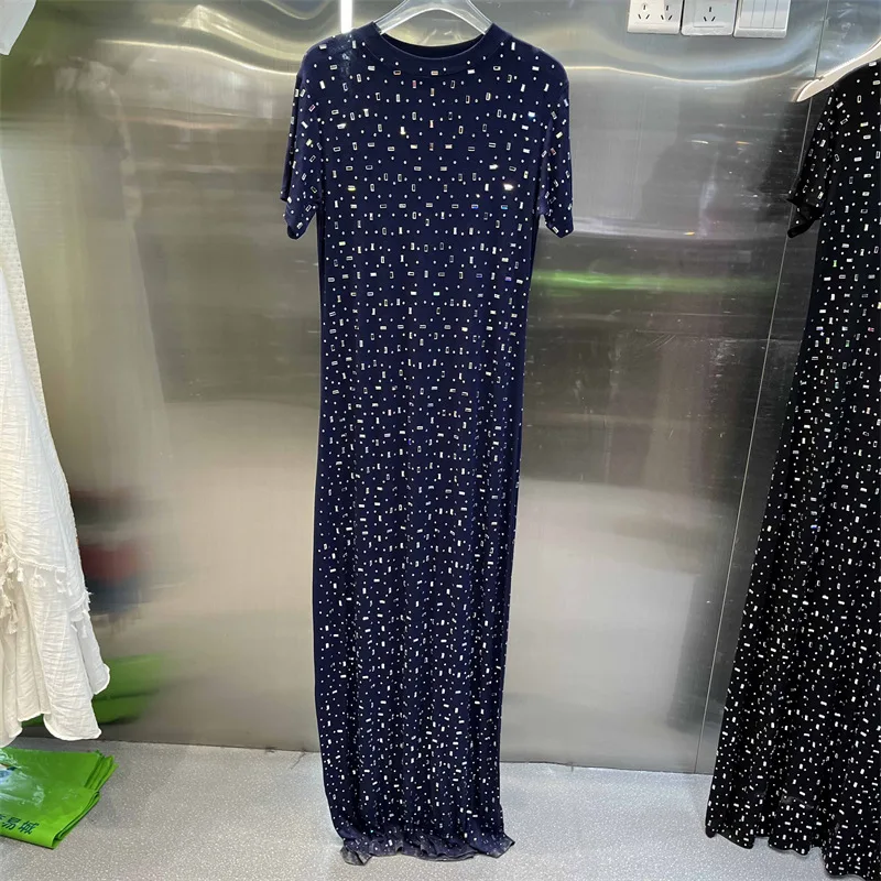 CM.YAYA Women O-neck Diamonds Hot Rhinestones Short Sleeve Slim T-shirt Maxi Long Dress Summer Holiday Vacation Fashion Dresses CM.YAYA Women O-neck Diamonds Hot Rhinestones Short Sleeve Slim T-shirt Maxi Long Dress Summer Holiday Vacation Fashion Dresses