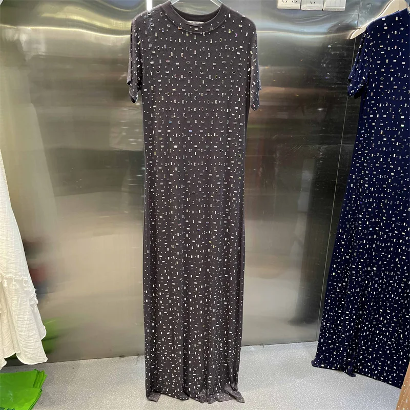 CM.YAYA Women O-neck Diamonds Hot Rhinestones Short Sleeve Slim T-shirt Maxi Long Dress Summer Holiday Vacation Fashion Dresses CM.YAYA Women O-neck Diamonds Hot Rhinestones Short Sleeve Slim T-shirt Maxi Long Dress Summer Holiday Vacation Fashion Dresses