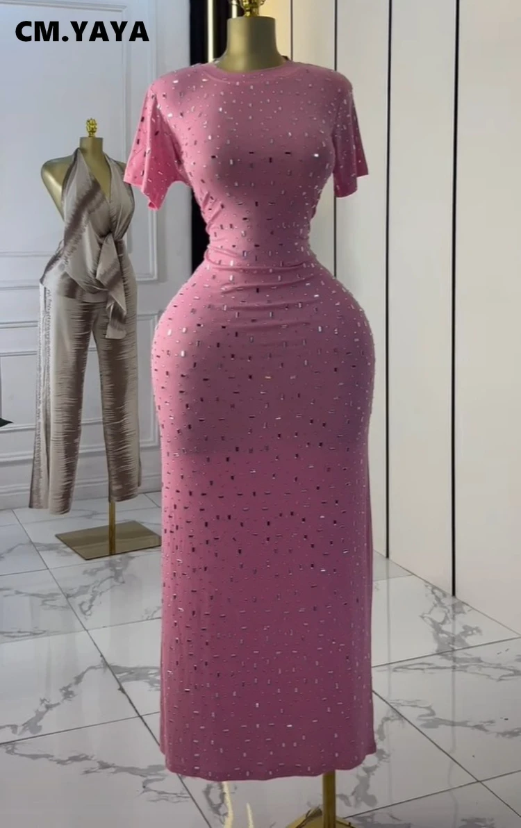CM.YAYA Women O-neck Diamonds Hot Rhinestones Short Sleeve Slim T-shirt Maxi Long Dress Summer Holiday Vacation Fashion Dresses CM.YAYA Women O-neck Diamonds Hot Rhinestones Short Sleeve Slim T-shirt Maxi Long Dress Summer Holiday Vacation Fashion Dresses