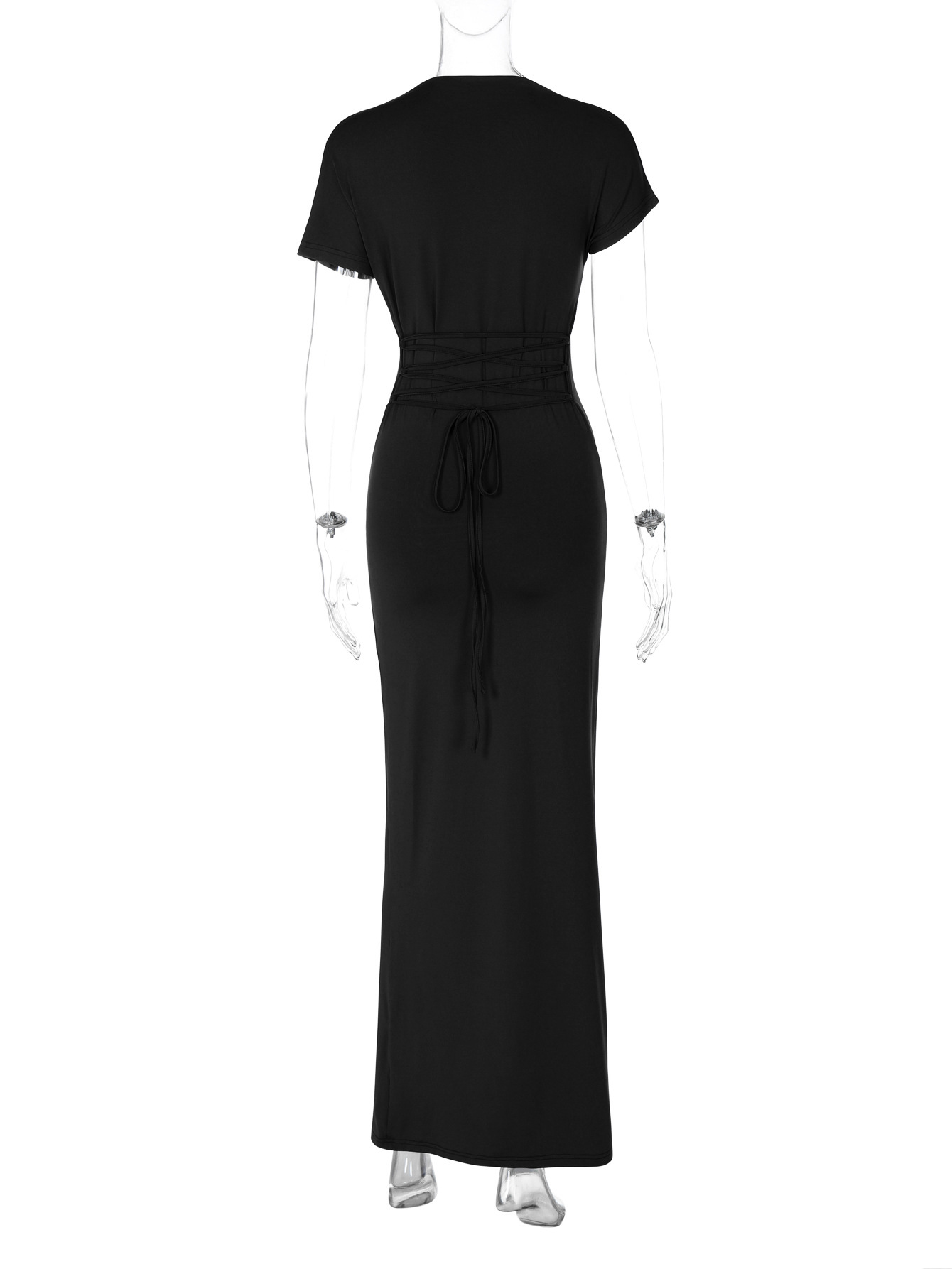 CM.YAYA Women Wraped Waist Lace Up Back Short Sleeve Bodycon Midi Long Maxi Dress 2026 Elegant Evening Birthday Party Dresses