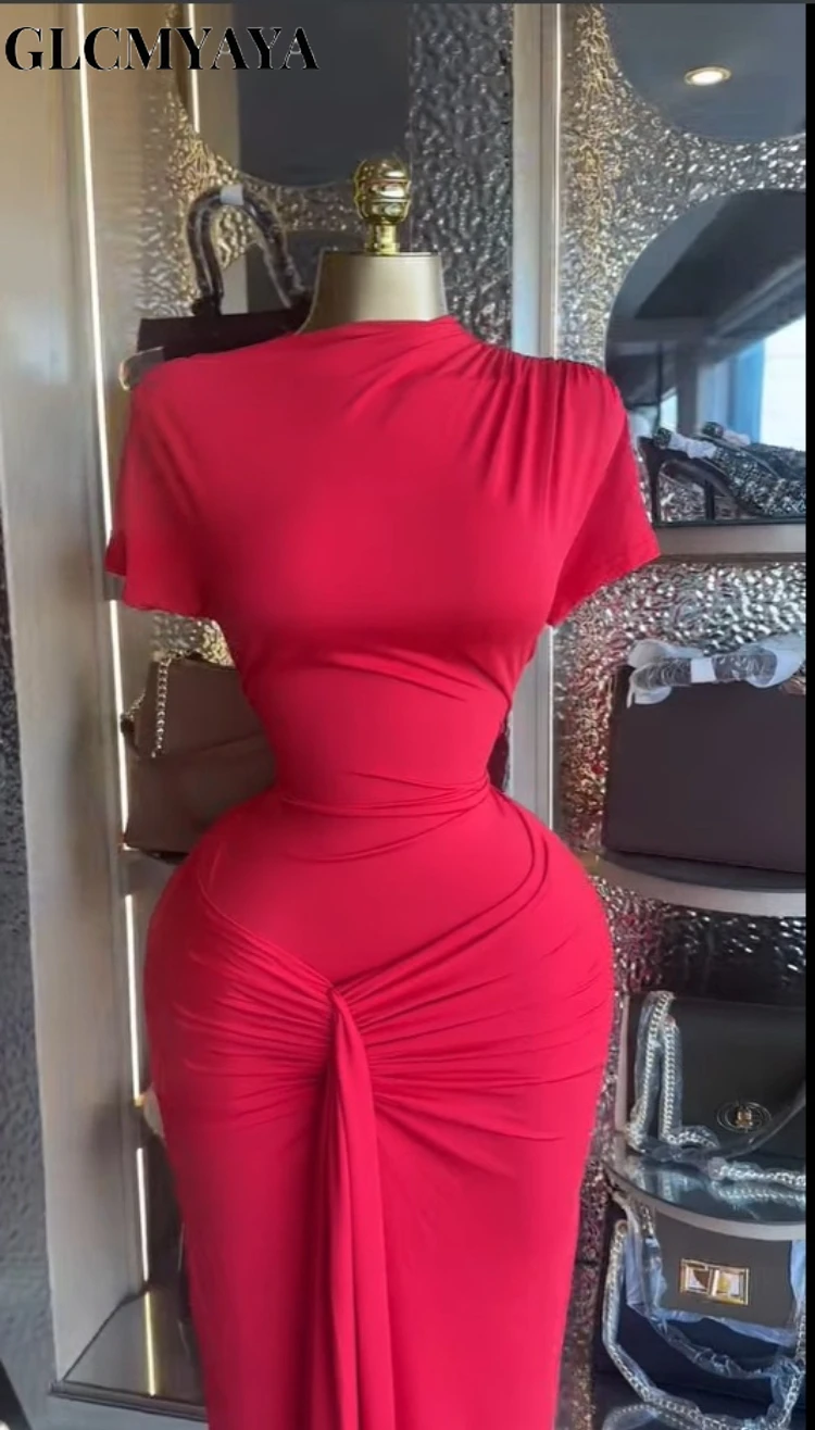 CM.YAYA Women Wraped Waist Lace Up Back Short Sleeve Bodycon Midi Long Maxi Dress 2026 Elegant Evening Birthday Party Dresses