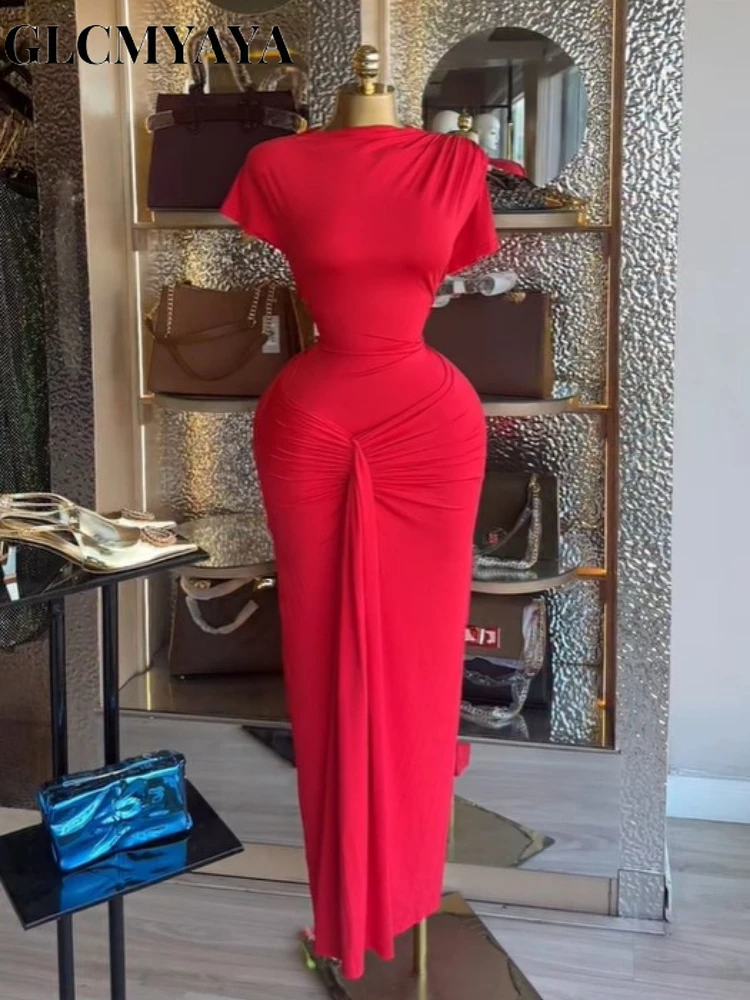 CM.YAYA Women Wraped Waist Lace Up Back Short Sleeve Bodycon Midi Long Maxi Dress 2026 Elegant Evening Birthday Party Dresses