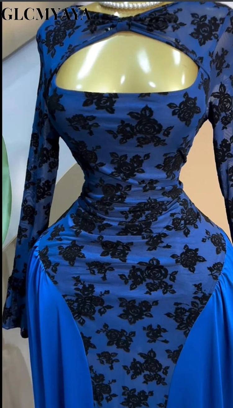 CM.YAYA Women Floral Patchwork Ruched Side Cutout Front Long Sleeve Midi Maxi Long Dress 2025 Party Education Trendy Dresses