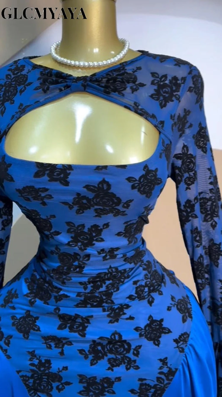 CM.YAYA Women Floral Patchwork Ruched Side Cutout Front Long Sleeve Midi Maxi Long Dress 2025 Party Education Trendy Dresses