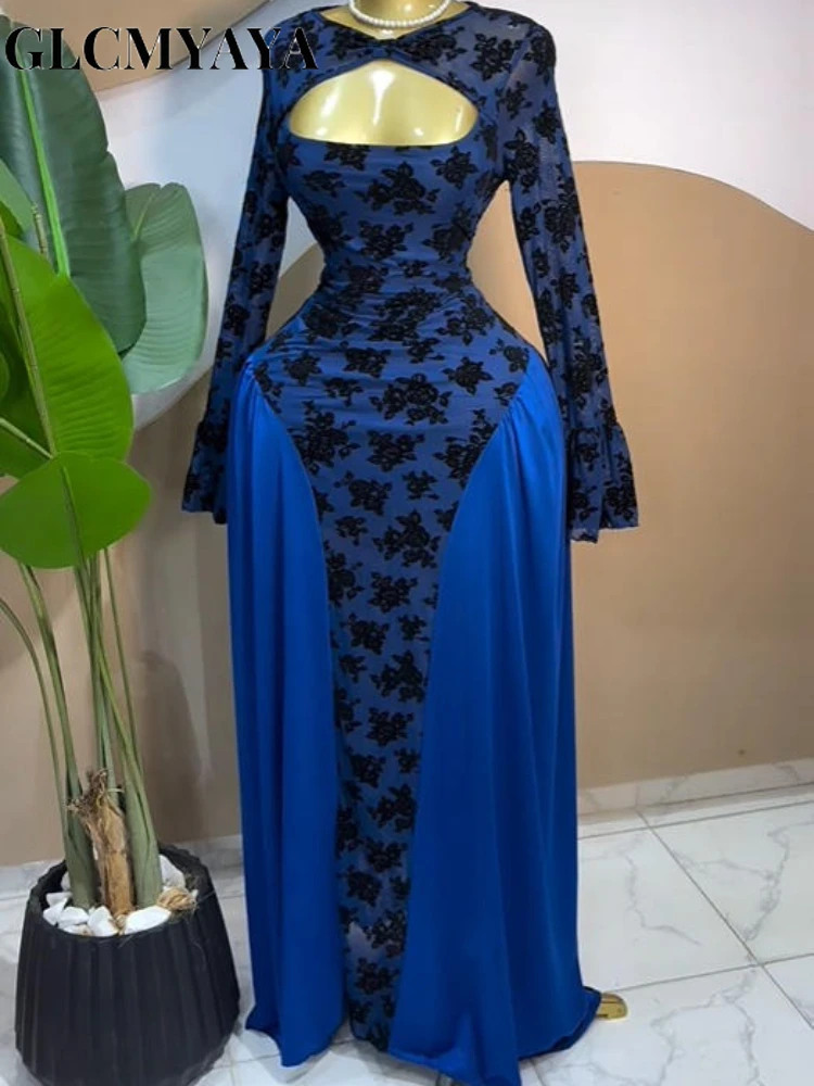 CM.YAYA Women Floral Patchwork Ruched Side Cutout Front Long Sleeve Midi Maxi Long Dress 2025 Party Education Trendy Dresses