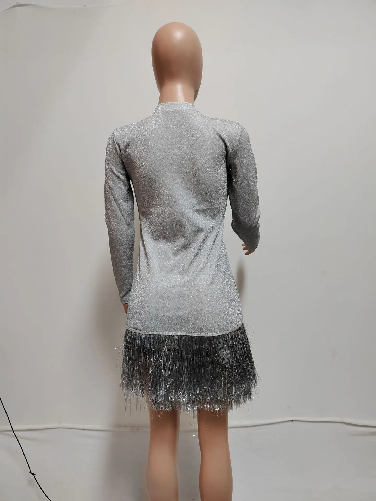 CM.YAYA Fashion Women Silver Tassel Bodycon Mini Midi Dress 2024 Autumn Winter Long Sleeve Party Club Evening Dresses Vestidos