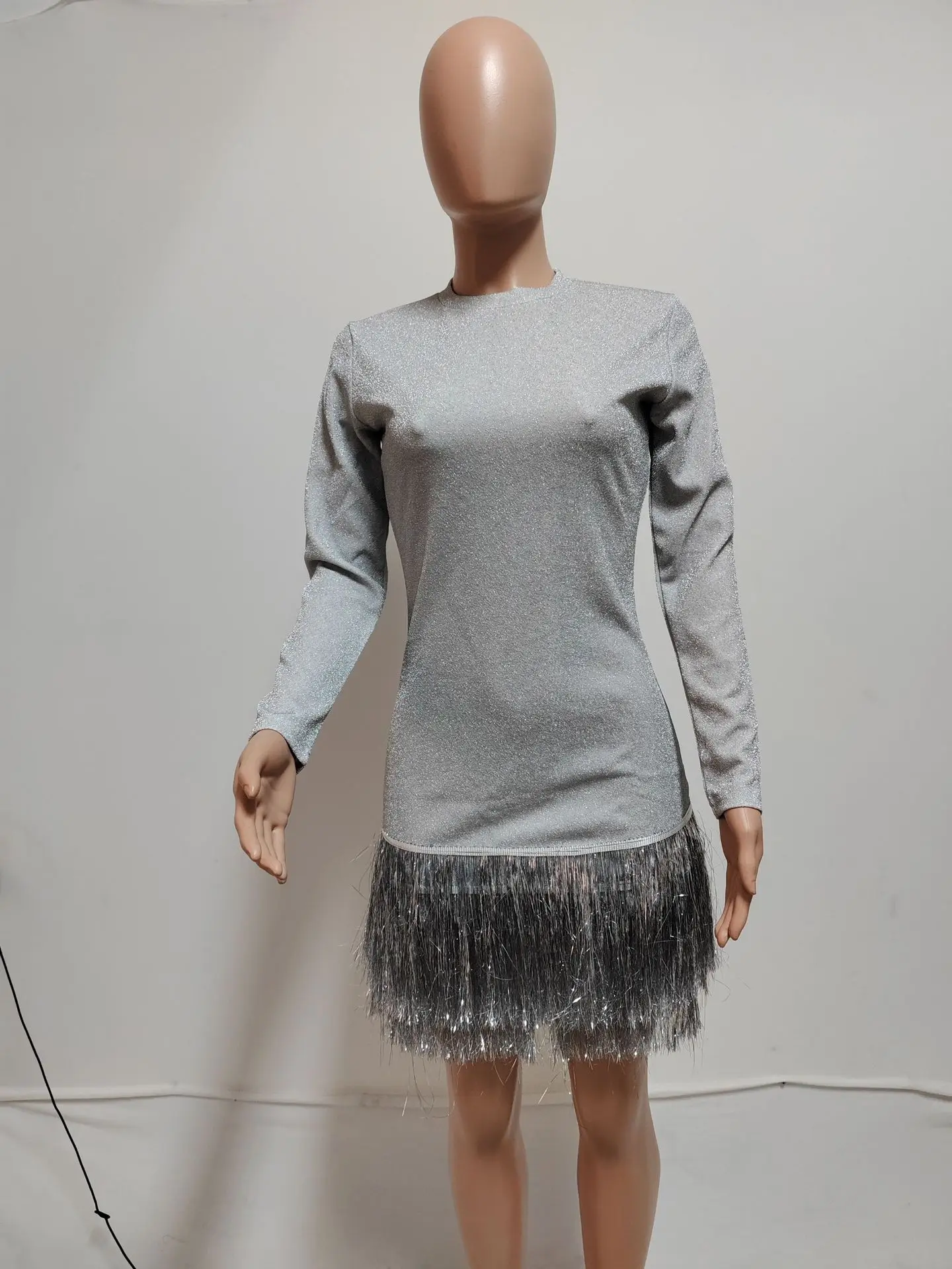 CM.YAYA Fashion Women Silver Tassel Bodycon Mini Midi Dress 2024 Autumn Winter Long Sleeve Party Club Evening Dresses Vestidos