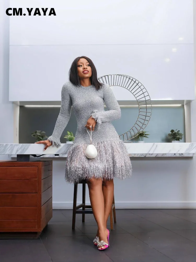 CM.YAYA Fashion Women Silver Tassel Bodycon Mini Midi Dress 2024 Autumn Winter Long Sleeve Party Club Evening Dresses Vestidos