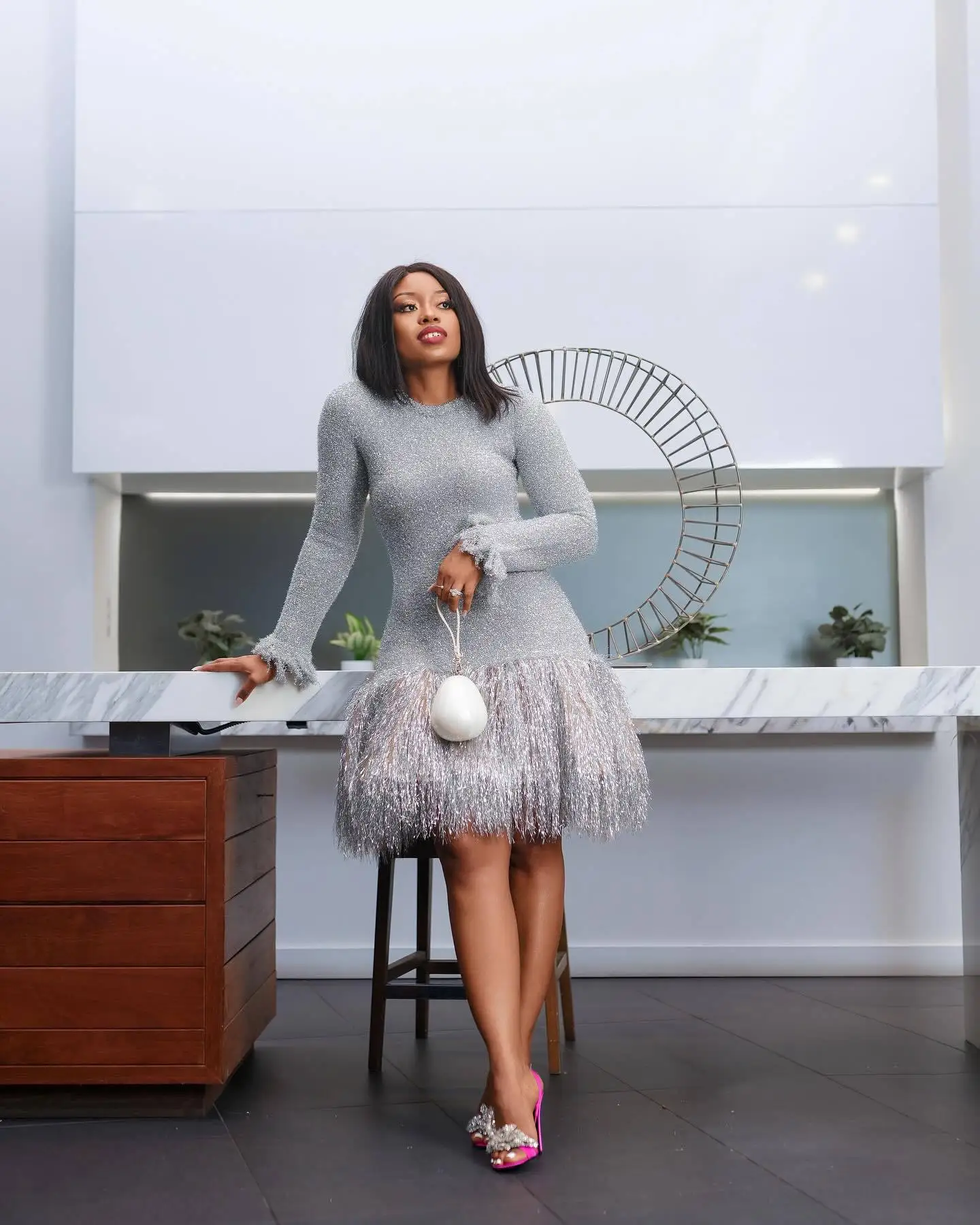 CM.YAYA Fashion Women Silver Tassel Bodycon Mini Midi Dress 2024 Autumn Winter Long Sleeve Party Club Evening Dresses Vestidos