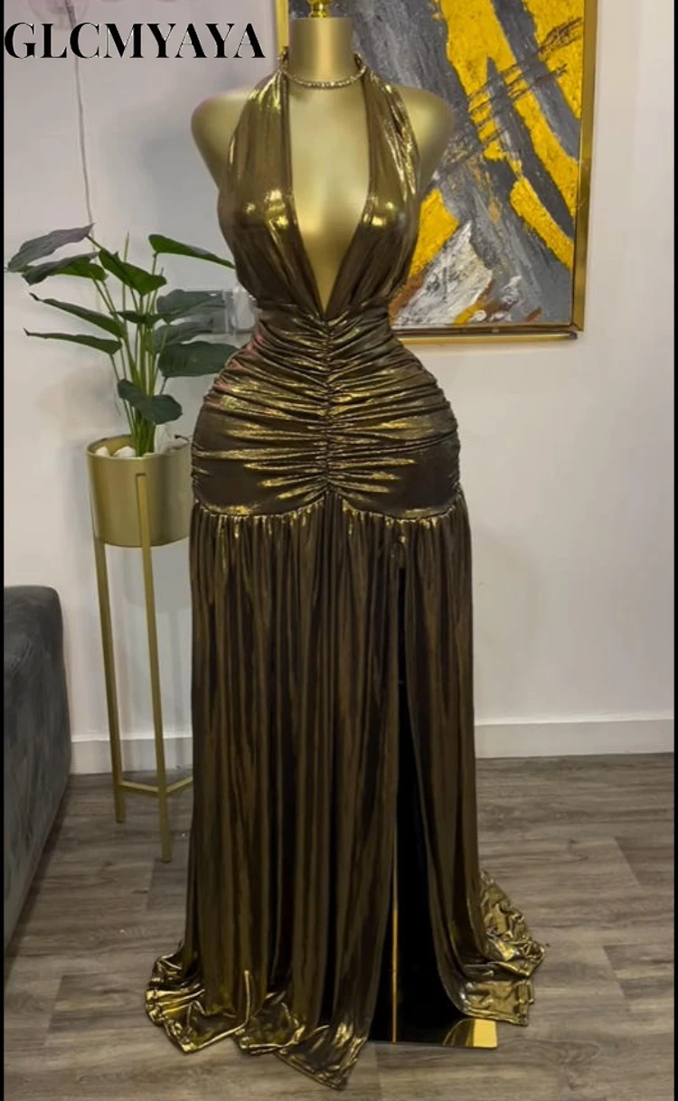 GLCMYAYA Women Gilding Halter V-neck Ruched Stacked Midi A-line Maxi Long Dress 2025 Vacation Party Birthday Dresses Vestido