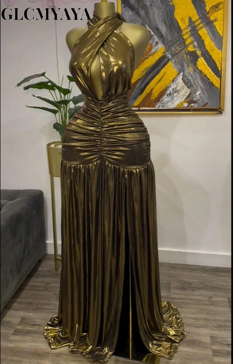 GLCMYAYA Women Gilding Halter V-neck Ruched Stacked Midi A-line Maxi Long Dress 2025 Vacation Party Birthday Dresses Vestido