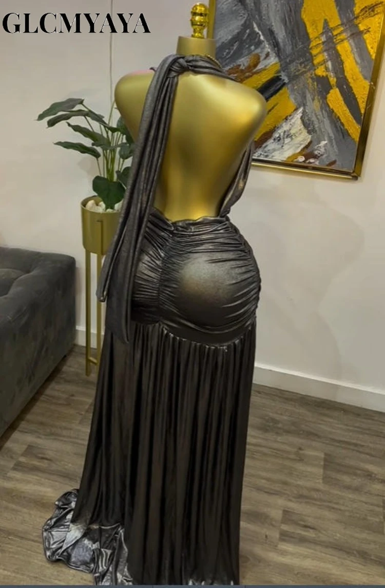 GLCMYAYA Women Gilding Halter V-neck Ruched Stacked Midi A-line Maxi Long Dress 2025 Vacation Party Birthday Dresses Vestido