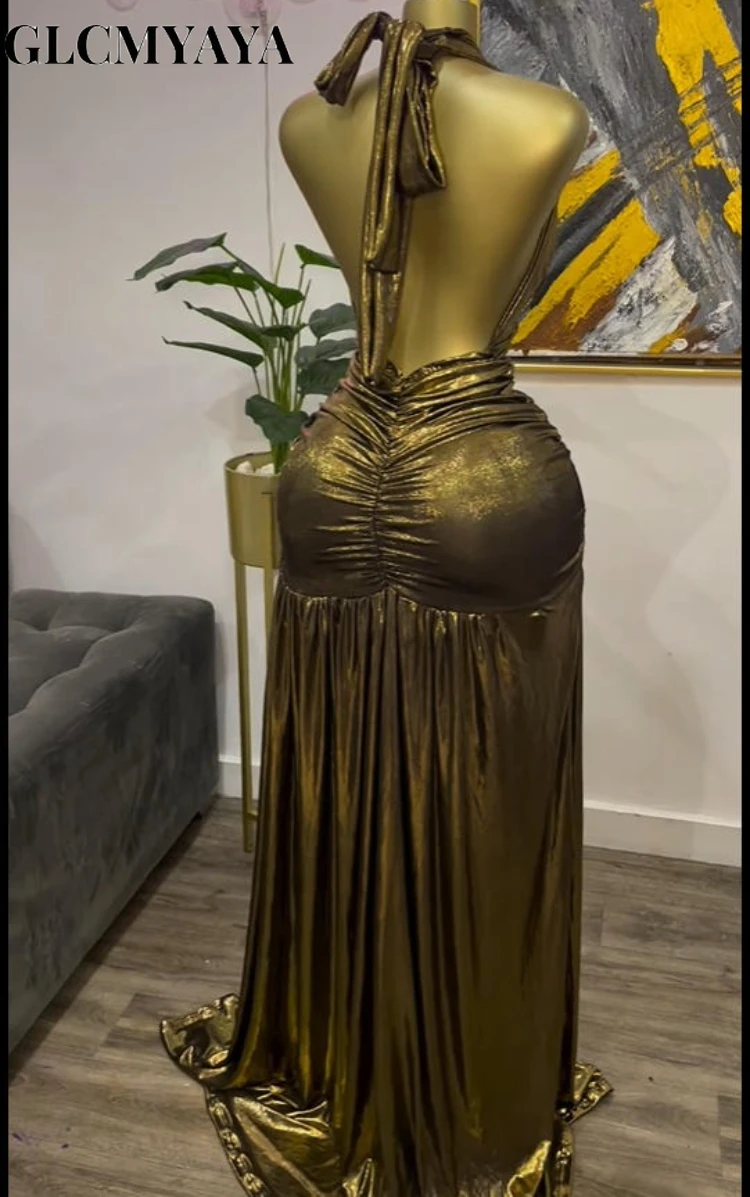 GLCMYAYA Women Gilding Halter V-neck Ruched Stacked Midi A-line Maxi Long Dress 2025 Vacation Party Birthday Dresses Vestido