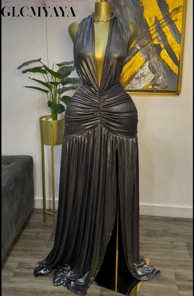 GLCMYAYA Women Gilding Halter V-neck Ruched Stacked Midi A-line Maxi Long Dress 2025 Vacation Party Birthday Dresses Vestido