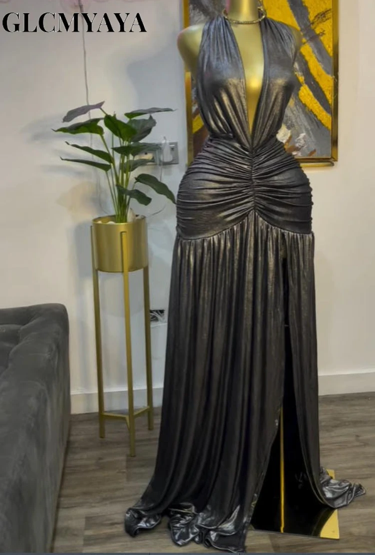 GLCMYAYA Women Gilding Halter V-neck Ruched Stacked Midi A-line Maxi Long Dress 2025 Vacation Party Birthday Dresses Vestido