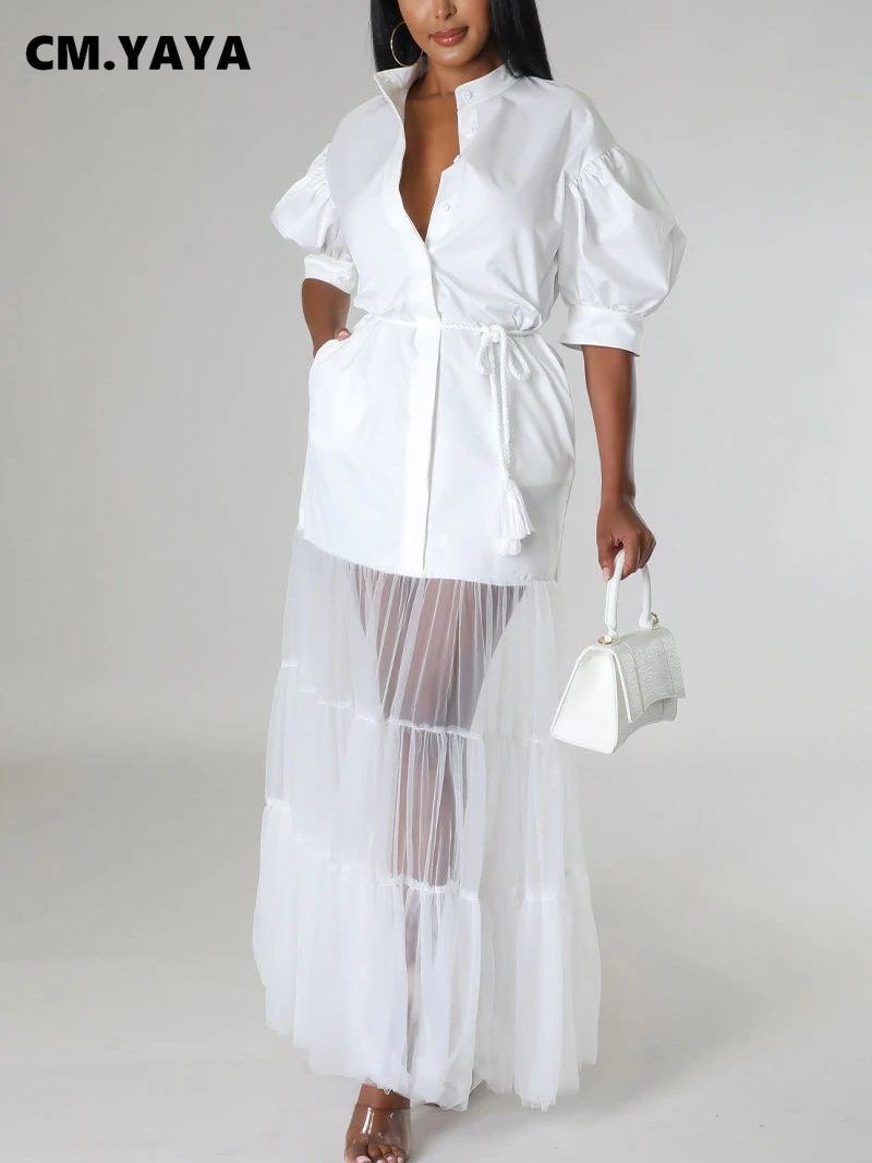 CM.YAYA Women Puff Half Sleeve Cascading Ruffles Mesh Patchwork Shirt Style Maxi Dress 2023 Autumn Street Long Dresses Vestidos