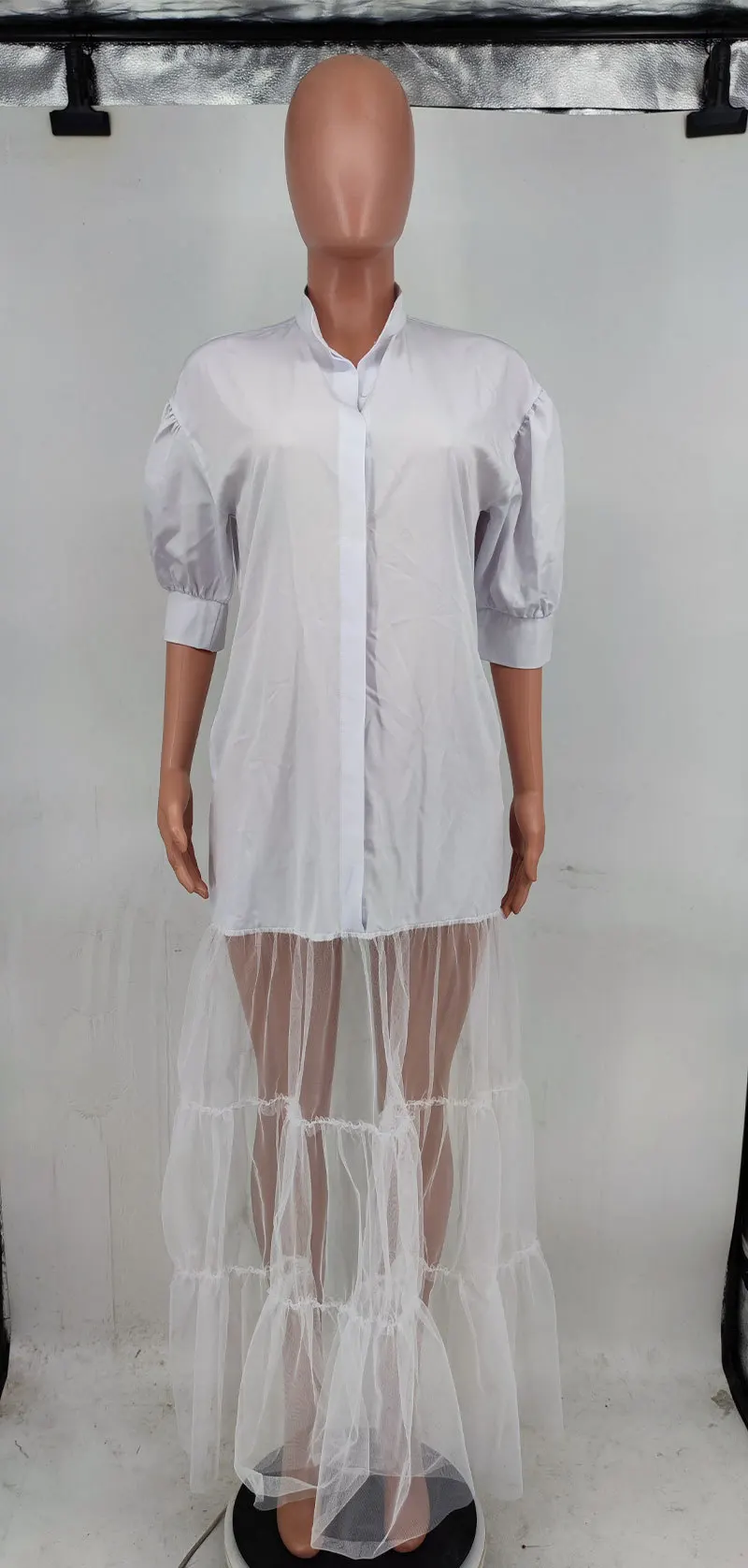 CM.YAYA Women Puff Half Sleeve Cascading Ruffles Mesh Patchwork Shirt Style Maxi Dress 2023 Autumn Street Long Dresses Vestidos