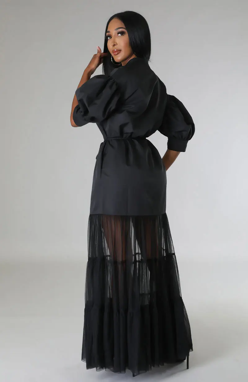 CM.YAYA Women Puff Half Sleeve Cascading Ruffles Mesh Patchwork Shirt Style Maxi Dress 2023 Autumn Street Long Dresses Vestidos