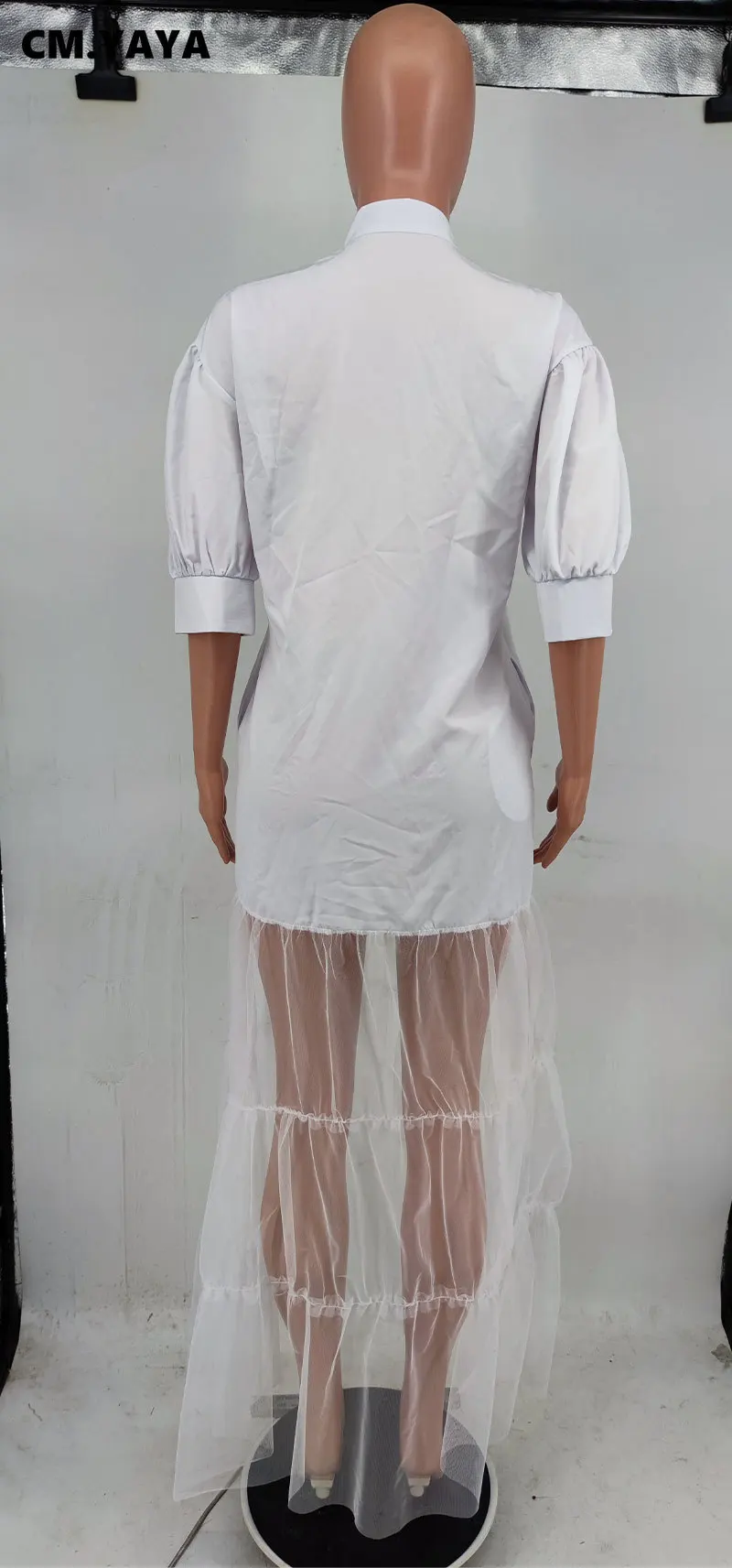 CM.YAYA Women Puff Half Sleeve Cascading Ruffles Mesh Patchwork Shirt Style Maxi Dress 2023 Autumn Street Long Dresses Vestidos