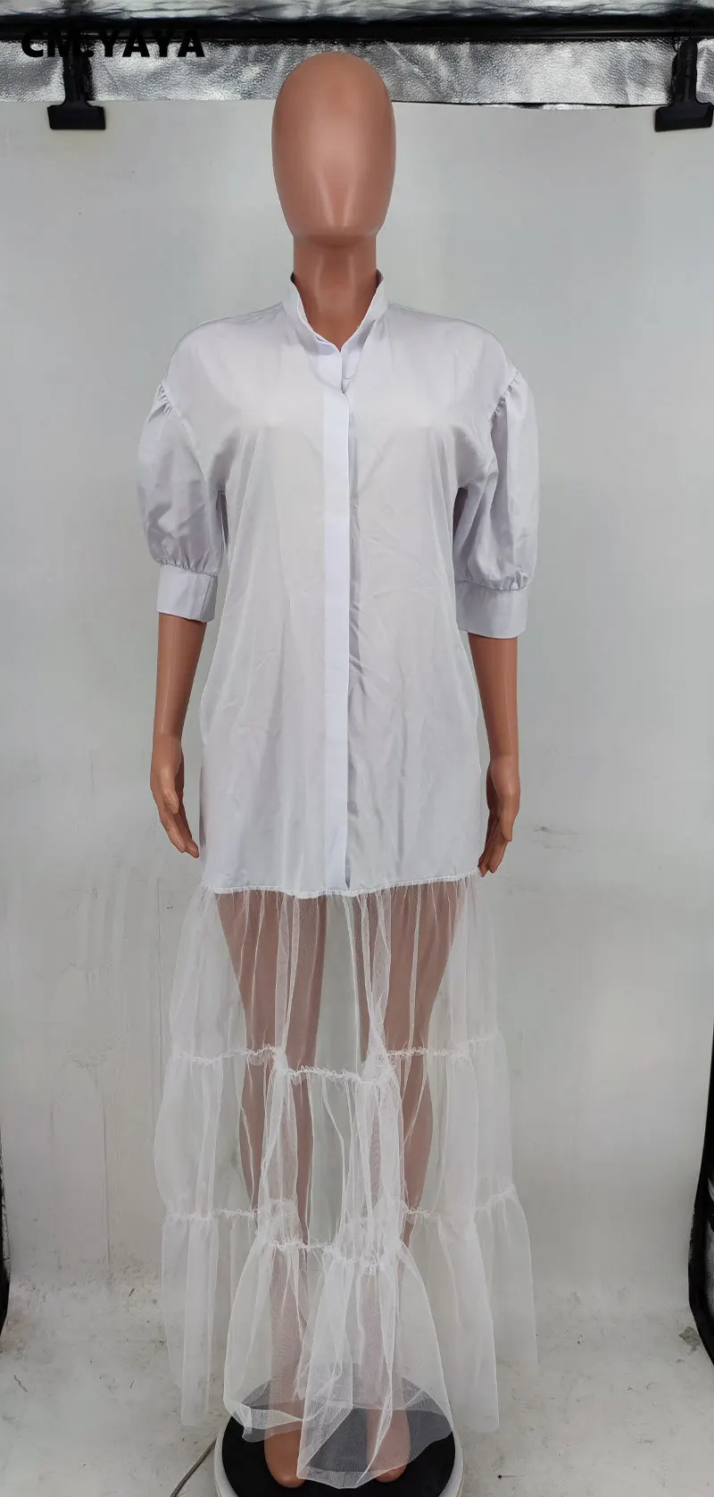 CM.YAYA Women Puff Half Sleeve Cascading Ruffles Mesh Patchwork Shirt Style Maxi Dress 2023 Autumn Street Long Dresses Vestidos