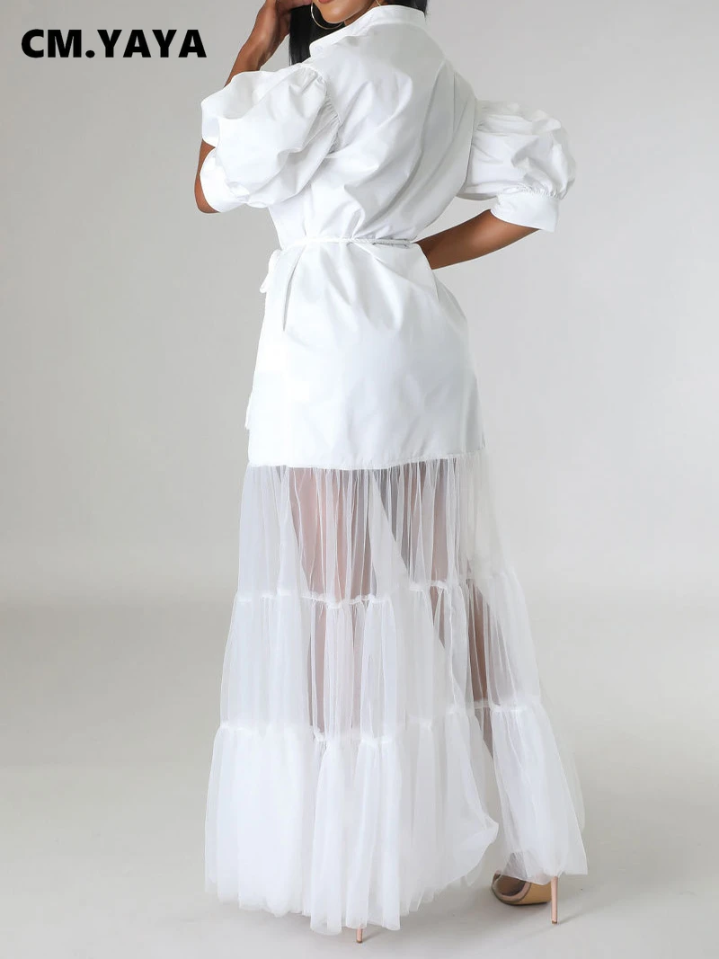 CM.YAYA Women Puff Half Sleeve Cascading Ruffles Mesh Patchwork Shirt Style Maxi Dress 2023 Autumn Street Long Dresses Vestidos