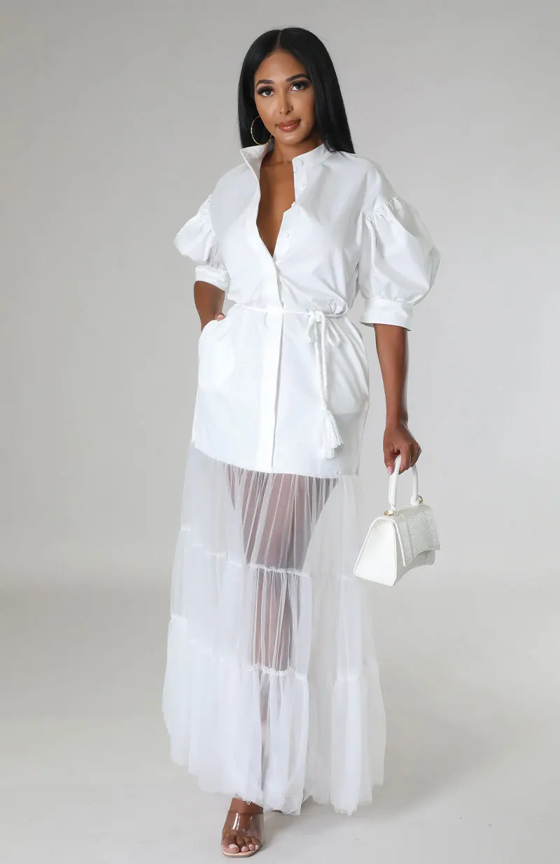 CM.YAYA Women Puff Half Sleeve Cascading Ruffles Mesh Patchwork Shirt Style Maxi Dress 2023 Autumn Street Long Dresses Vestidos