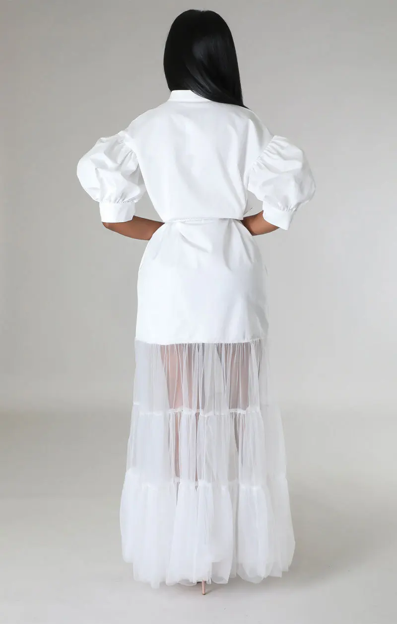 CM.YAYA Women Puff Half Sleeve Cascading Ruffles Mesh Patchwork Shirt Style Maxi Dress 2023 Autumn Street Long Dresses Vestidos