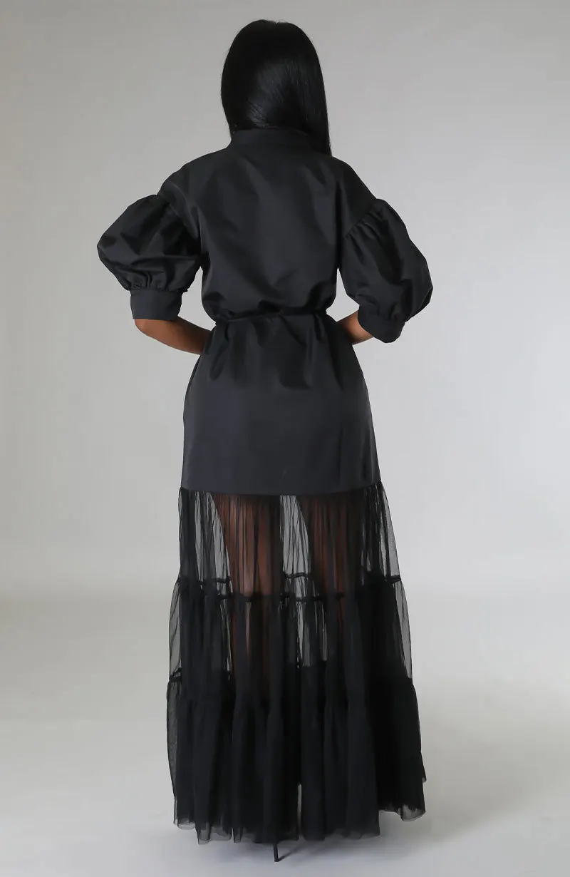 CM.YAYA Women Puff Half Sleeve Cascading Ruffles Mesh Patchwork Shirt Style Maxi Dress 2023 Autumn Street Long Dresses Vestidos