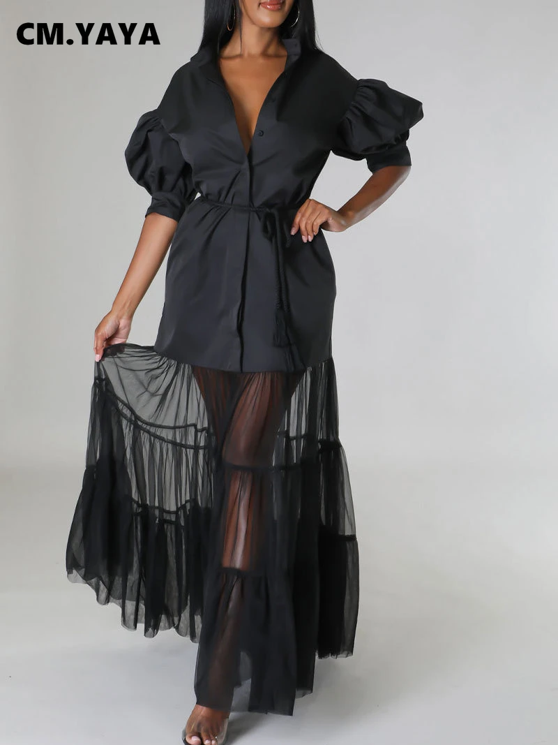 CM.YAYA Women Puff Half Sleeve Cascading Ruffles Mesh Patchwork Shirt Style Maxi Dress 2023 Autumn Street Long Dresses Vestidos