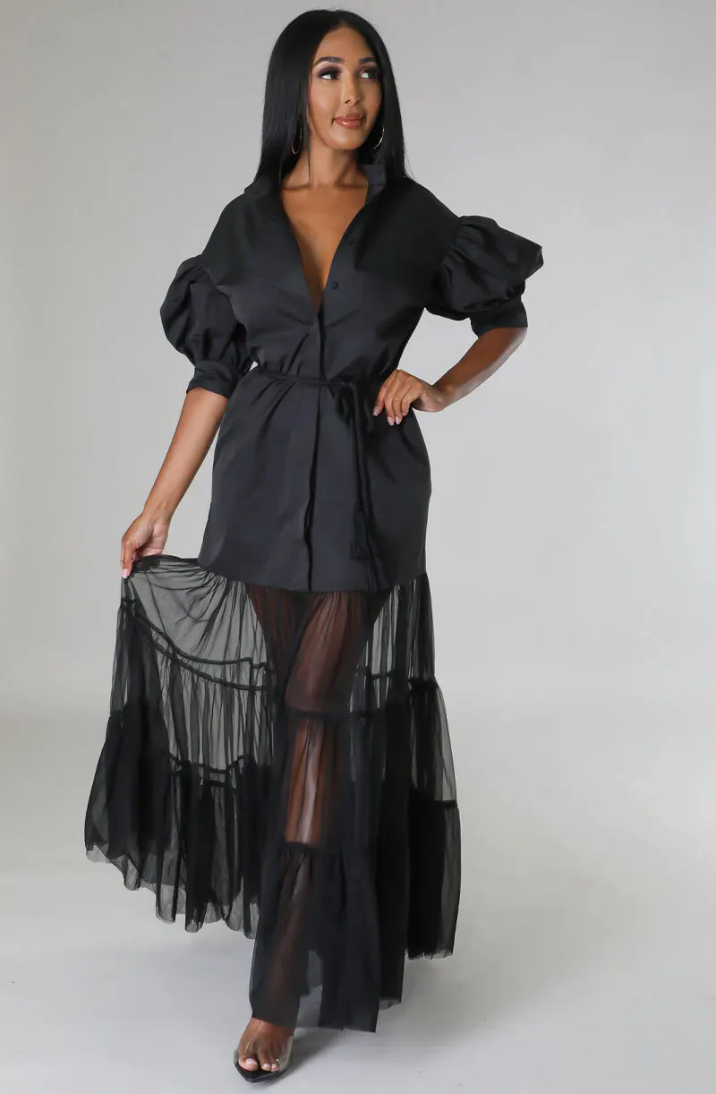 CM.YAYA Women Puff Half Sleeve Cascading Ruffles Mesh Patchwork Shirt Style Maxi Dress 2023 Autumn Street Long Dresses Vestidos