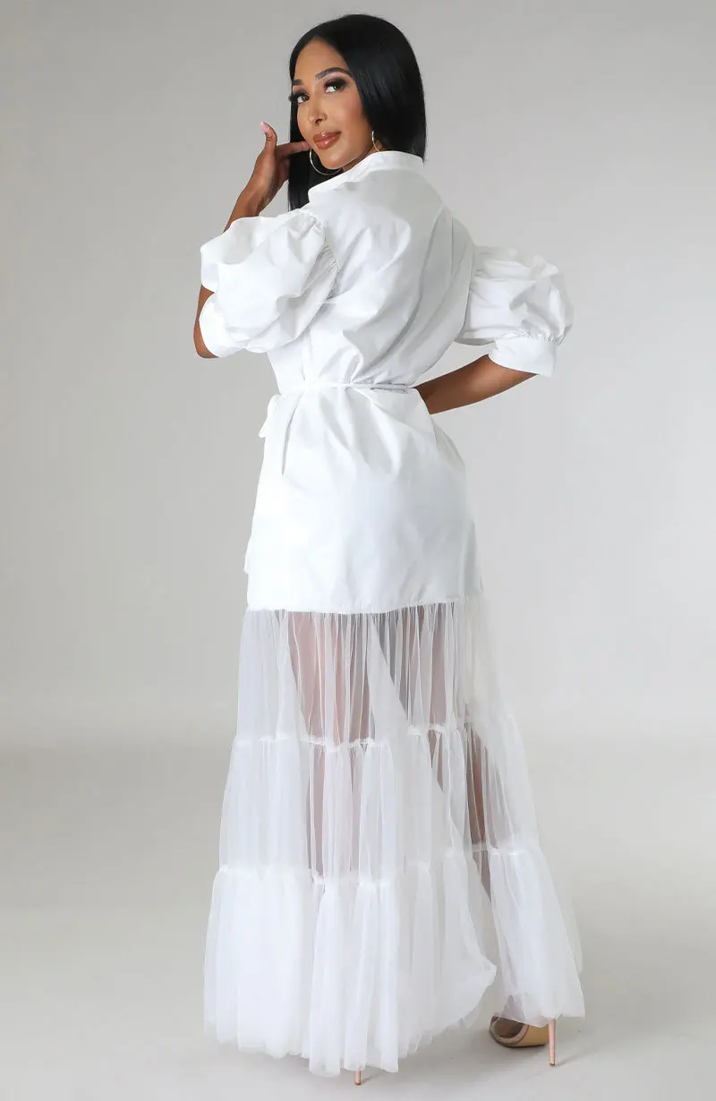 CM.YAYA Women Puff Half Sleeve Cascading Ruffles Mesh Patchwork Shirt Style Maxi Dress 2023 Autumn Street Long Dresses Vestidos