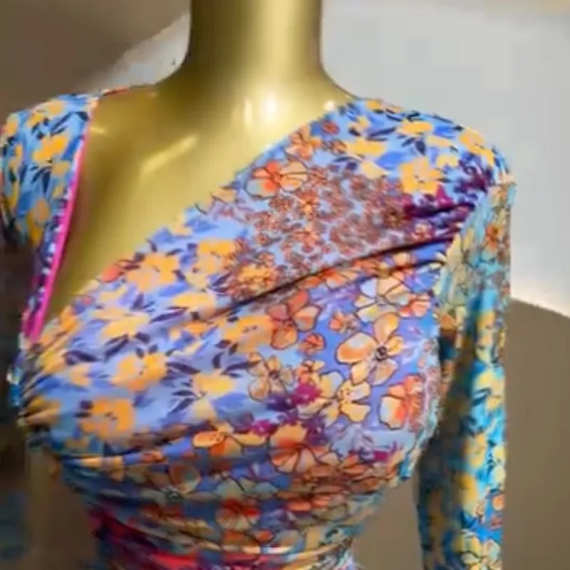 CM.YAYA Women Tie Dye Print Skew Neck Flare Long Sleeve Ruched Stacked Maxi Long Dress 2026 Evening Birthday Sexy Party Dresses