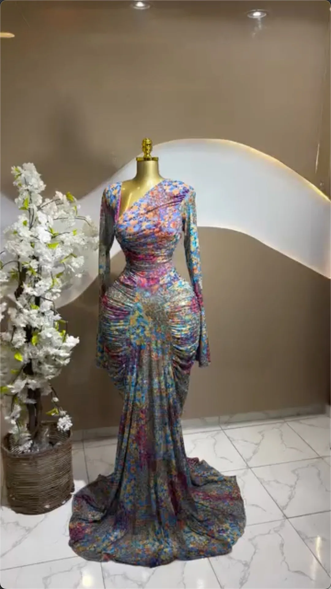 CM.YAYA Women Tie Dye Print Skew Neck Flare Long Sleeve Ruched Stacked Maxi Long Dress 2026 Evening Birthday Sexy Party Dresses