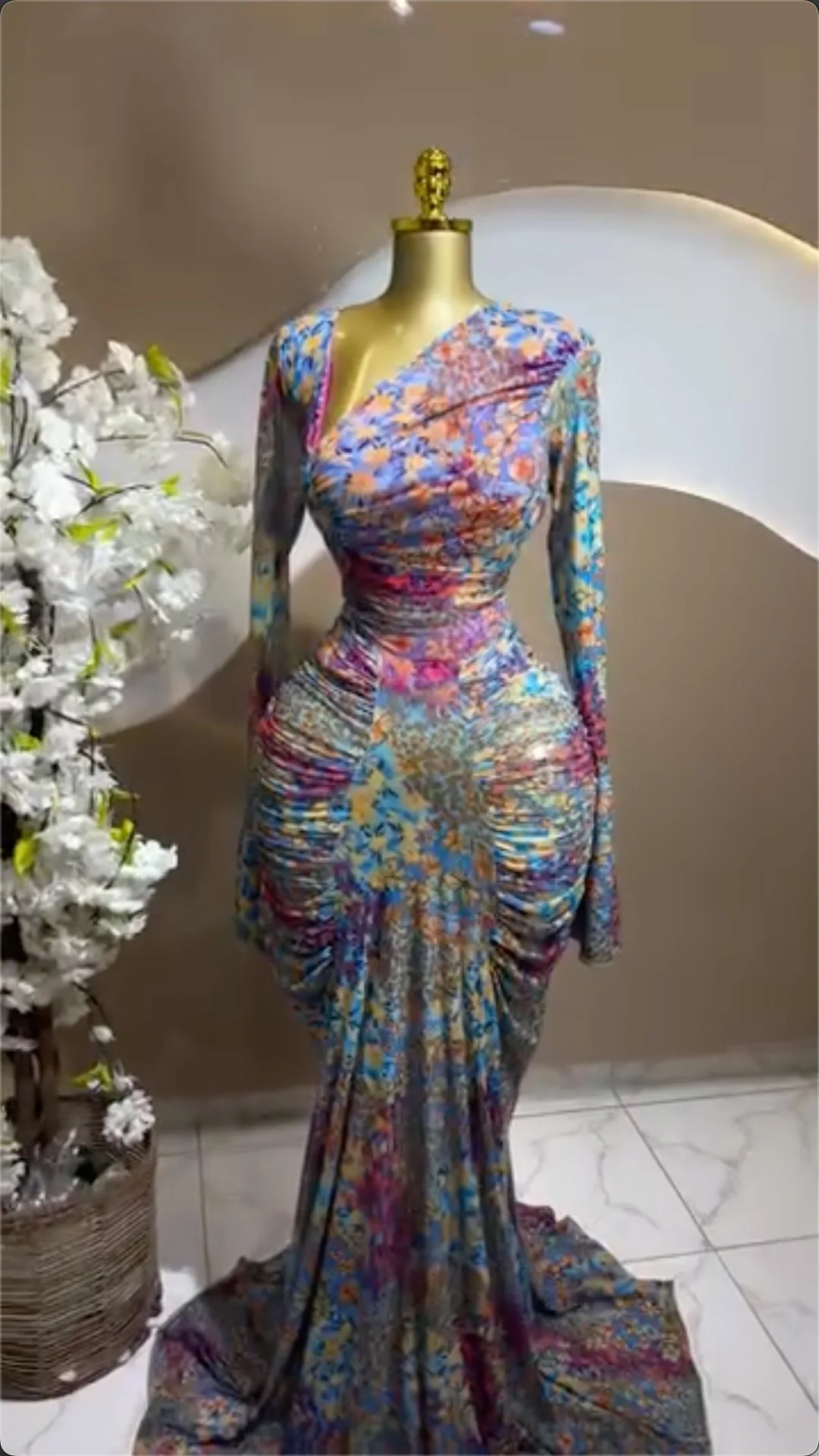 CM.YAYA Women Tie Dye Print Skew Neck Flare Long Sleeve Ruched Stacked Maxi Long Dress 2026 Evening Birthday Sexy Party Dresses