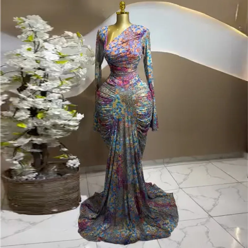 CM.YAYA Women Tie Dye Print Skew Neck Flare Long Sleeve Ruched Stacked Maxi Long Dress 2026 Evening Birthday Sexy Party Dresses